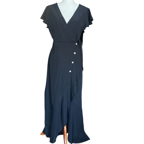 NWT Black Maxi Dress with Short Sleeves, Ruffled Hem Front Slit Size L - Picture 1 of 5